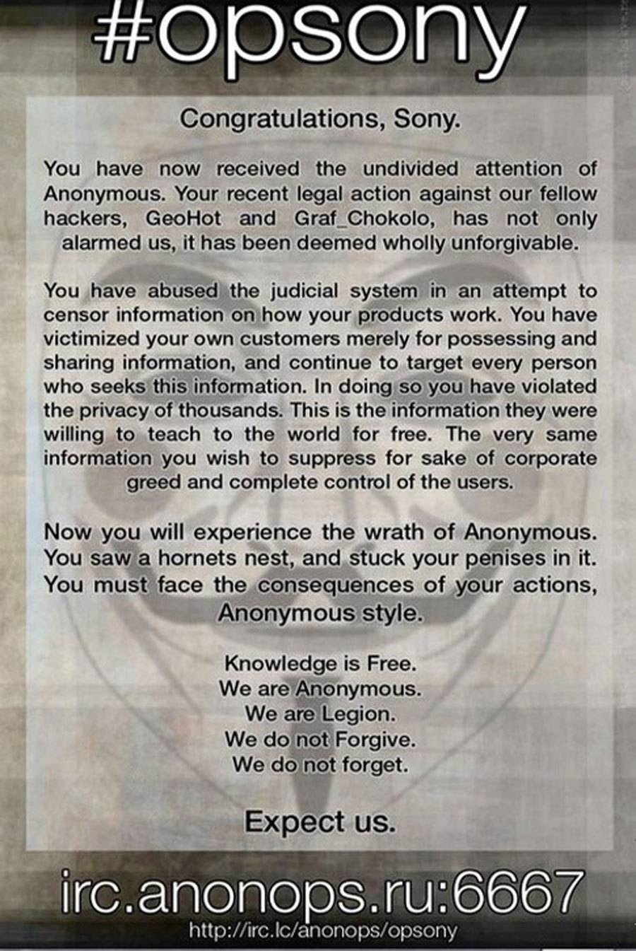 Хакеры угрожают Sony
Уже Хакеры угрожают Sony
Уже